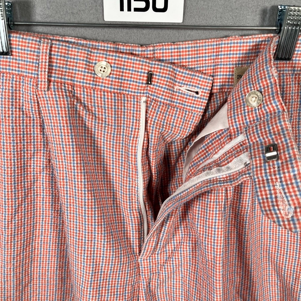 Fairway & Greene Shorts Mens‎ 34 Orange Blue Plaid Pleated Cotton Flat Front